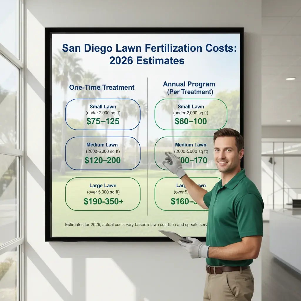 Infographic showing average lawn fertilization costs in San Diego by lawn size and service type, distinguishing between one-time and annual package pricing.