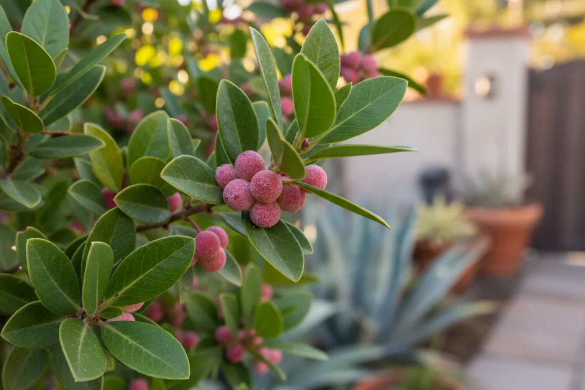 Glossy green leaves of a Lemonade Berry shrub with small pink berries.