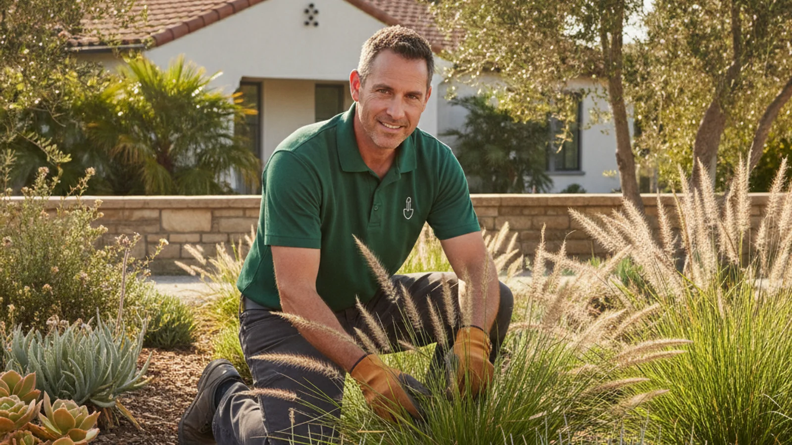 A San Diego front yard bed mixing several ornamental grass varieties with stone paths and low-water shrubs