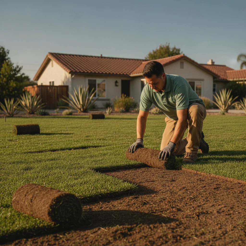 Fresh Marathon fescue sod rolls being laid onto prepared soil in a San Diego front yard.