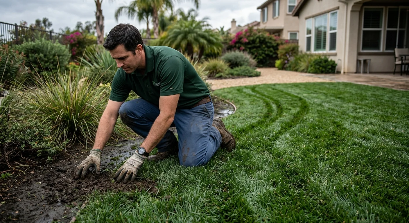Homeowner checking a rain-damp San Diego lawn before mowing