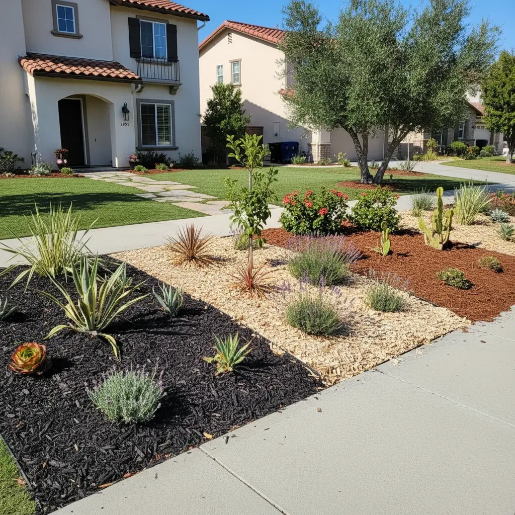 Three garden beds in a San Diego front yard showing shredded bark, arborist chips, and gorilla hair mulch around drought-tolerant plants