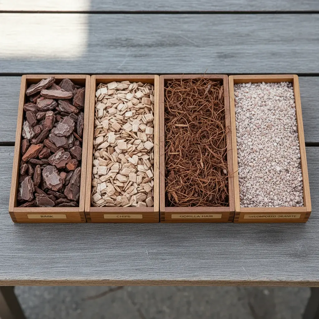 Close-up of four mulch samples in labeled wooden trays, bark, arborist chips, gorilla hair, and decomposed granite