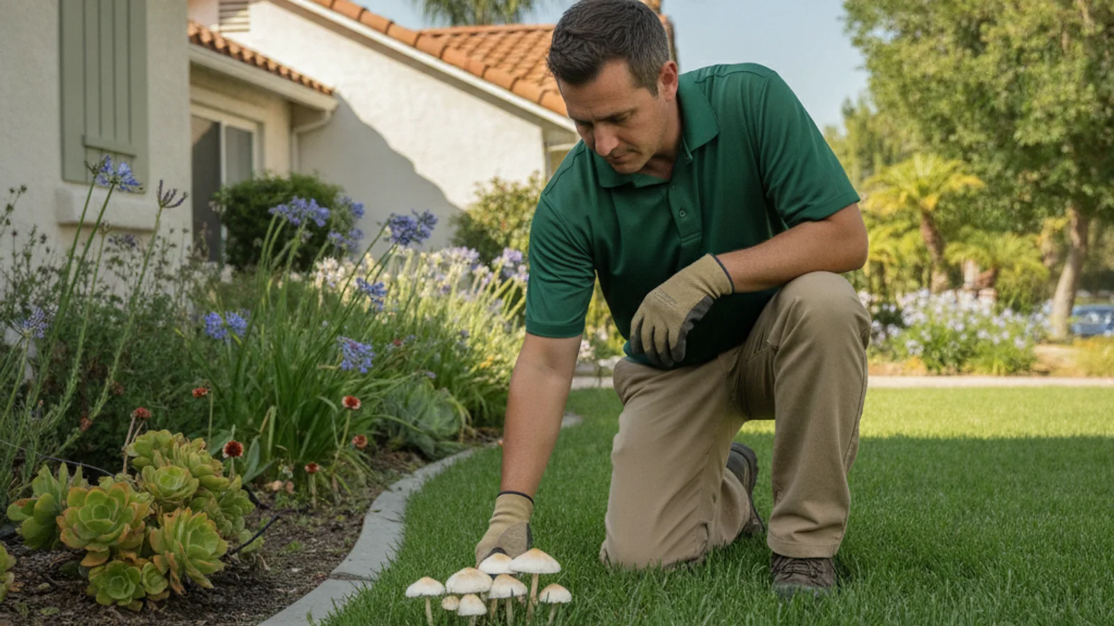 Small mushrooms growing in a damp patch of an otherwise maintained San Diego lawn