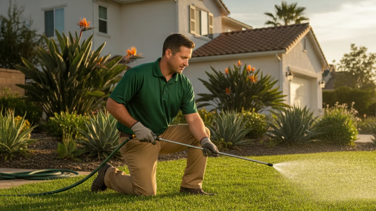 A San Diego landscaper in a green polo kneeling on a bright green lawn, watering it with a hose wand in front of a stucco home with a tile roof under warm afternoon light.