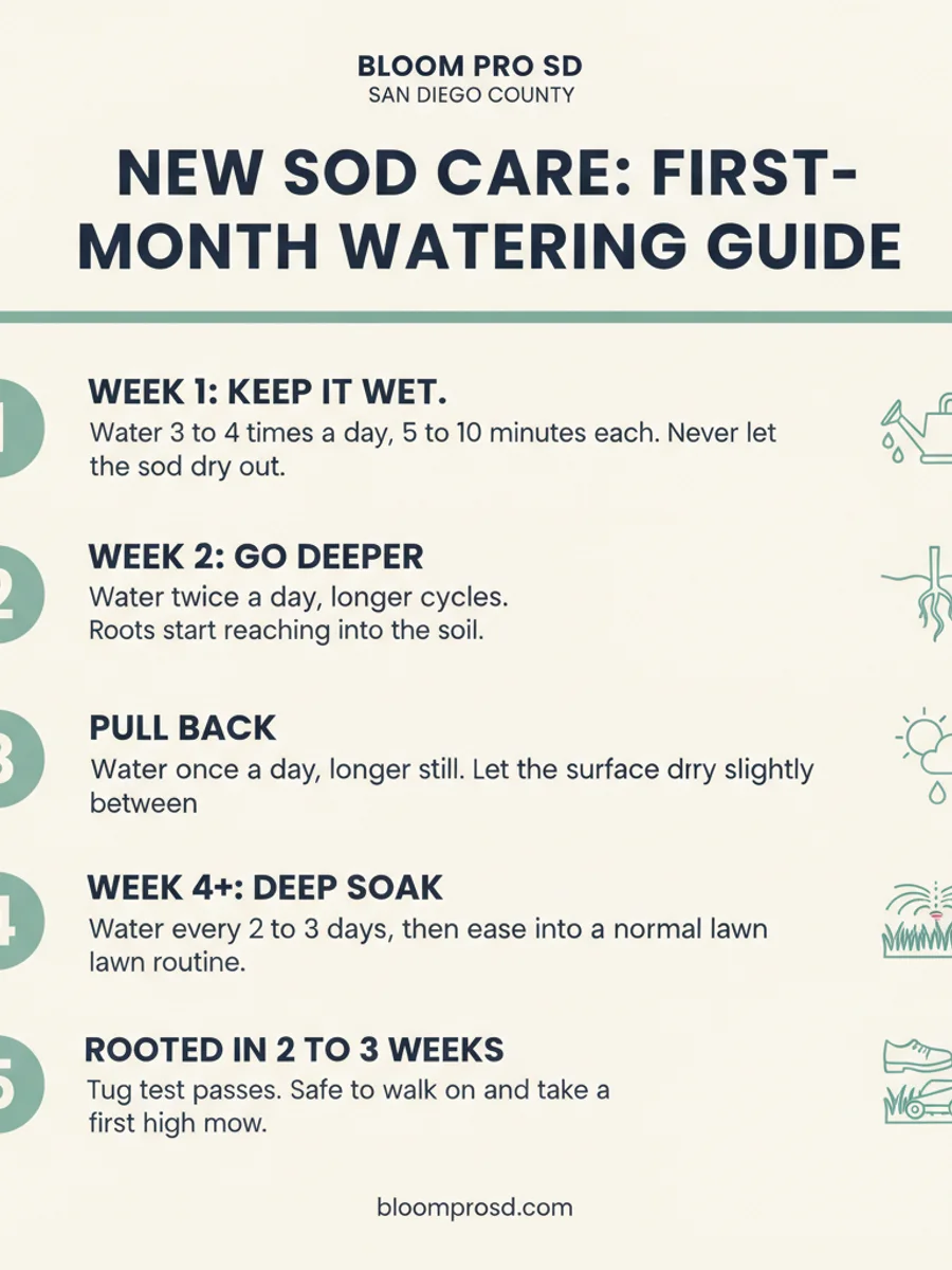 Infographic showing a four-week new sod watering schedule for San Diego, from two to four short waterings a day in week one, tapering to a deep soak every few days by week four, with milestones for rooting, first mow, and first fertilizer.