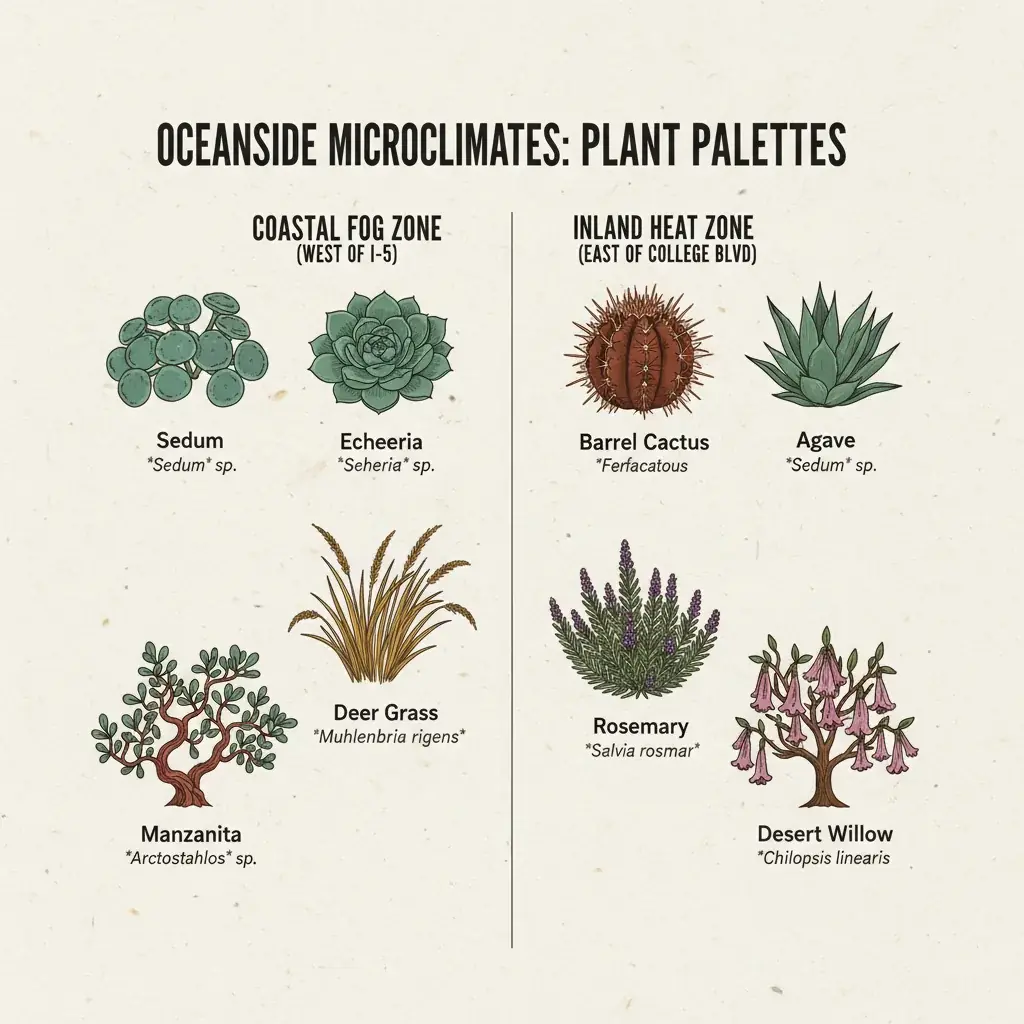 Infographic comparing drought-tolerant plant palettes for Oceanside's coastal fog and inland heat microclimates, showing examples for each.