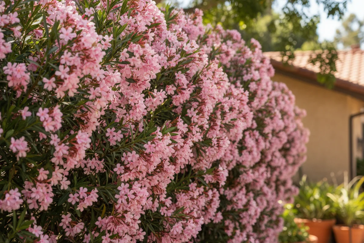 A dense oleander shrub with pink flowers, used as a privacy hedge.