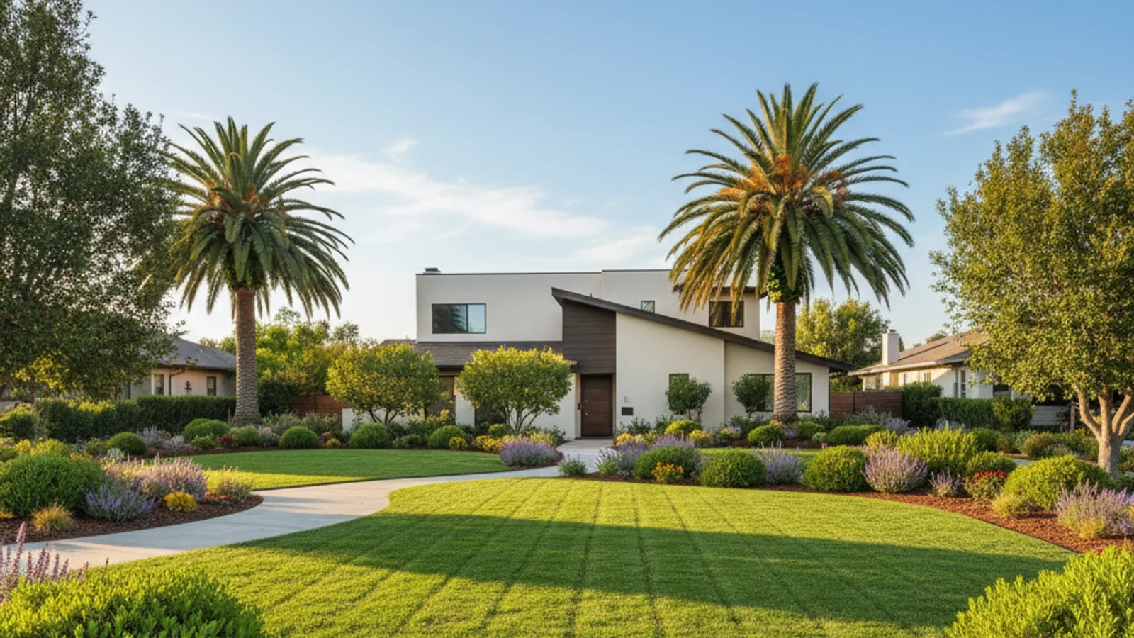 A tidy San Diego front yard with fresh-cut lawn, trimmed hedges, and dark refreshed mulch beds, staged for a listing photo