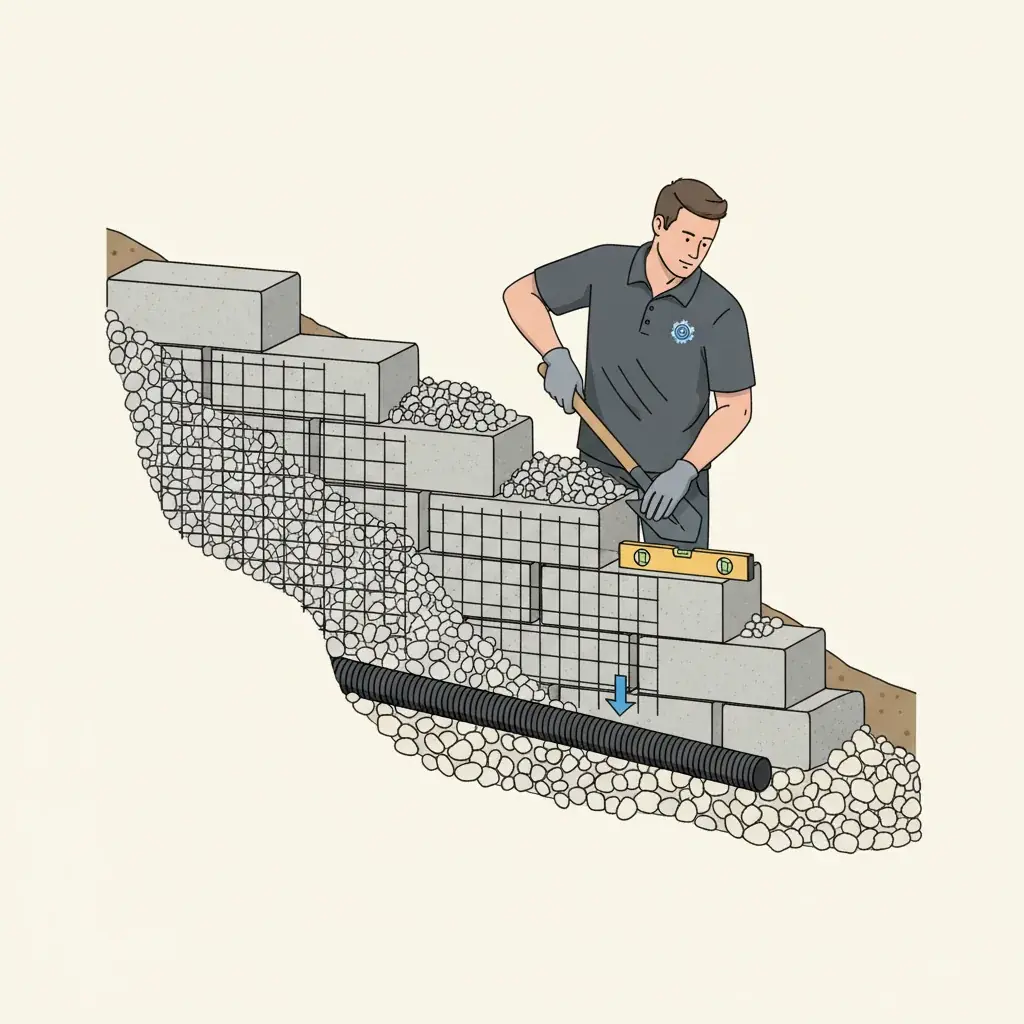 Cross-section diagram of a retaining wall showing geogrid layers, gravel backfill, and drainage pipe
