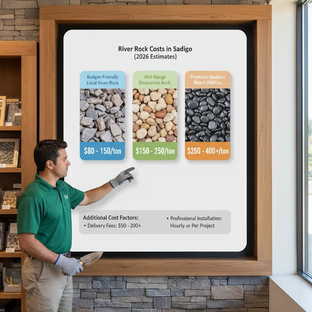 Infographic detailing estimated costs per ton for various river rock types in San Diego, including additional project cost factors like delivery and installation.