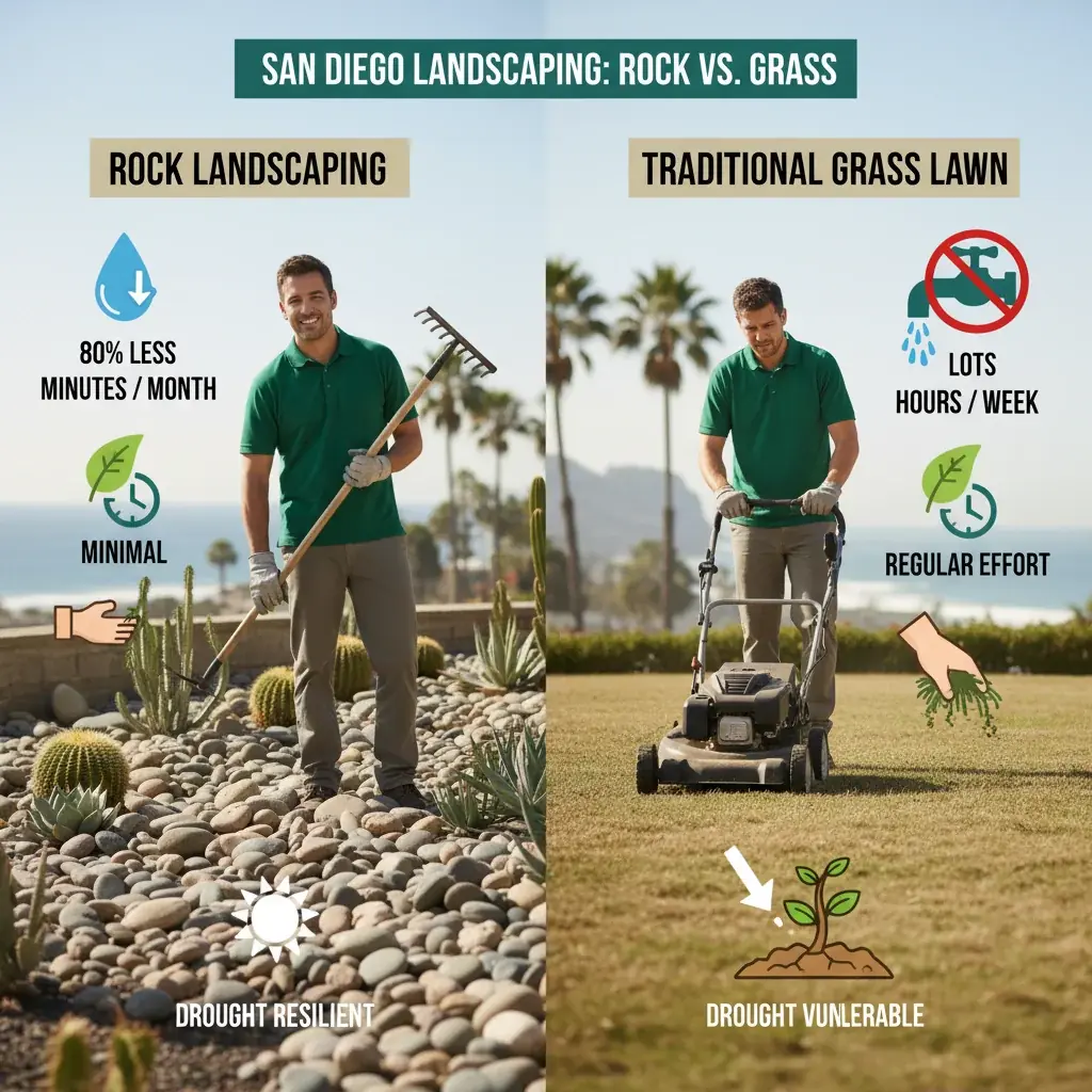 Infographic illustrating the benefits of rock landscaping in San Diego compared to traditional grass lawns.