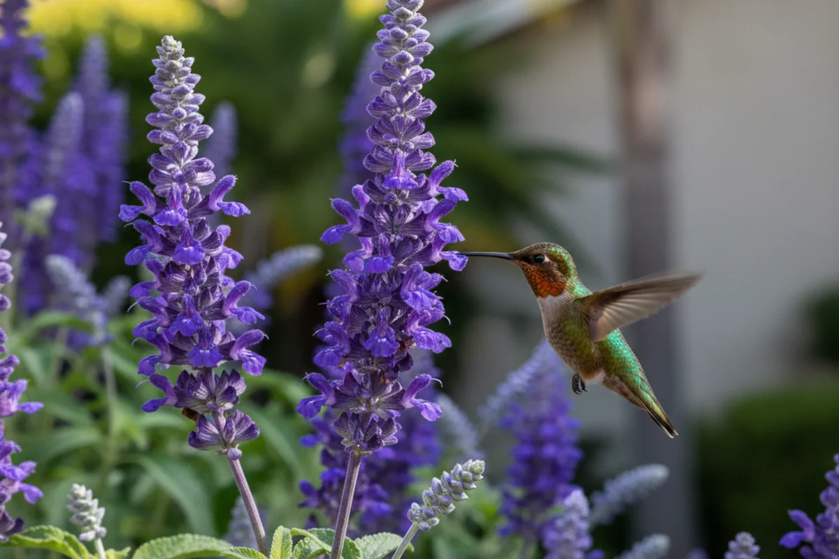 A cluster of purple Salvia flowers attracting a hummingbird.