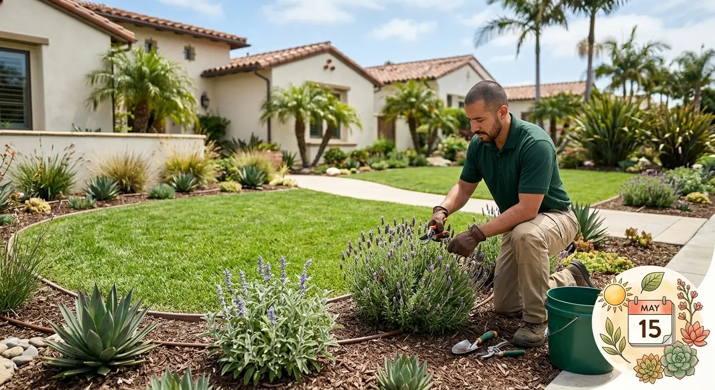 A clean residential San Diego front yard with healthy lawn and trimmed drought-tolerant beds, a calendar-style overlay illustration in the corner, late morning light.
