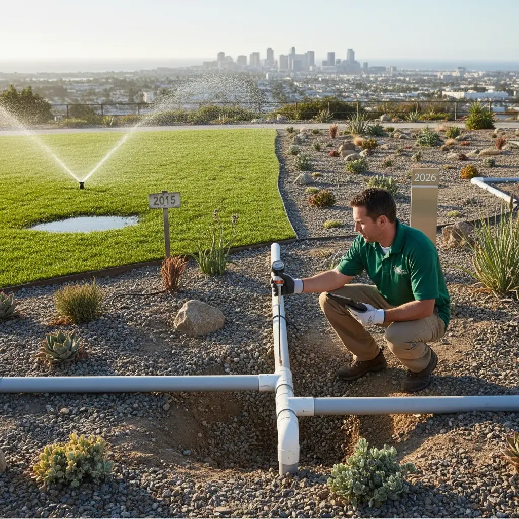 A split view of a green lawn being watered by sprinklers next to a xeriscaped section with a technician checking an irrigation valve, city skyline in the distance.
