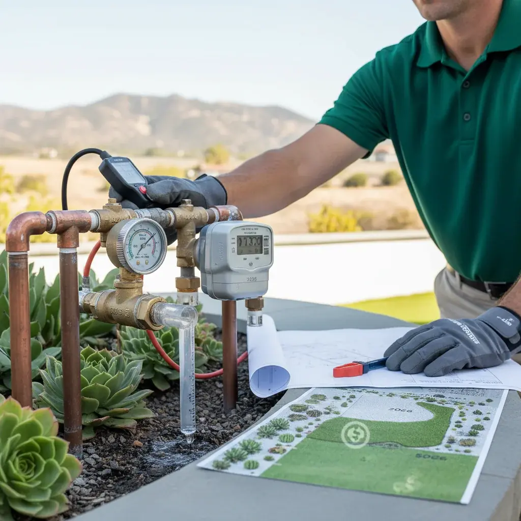 A technician checking an irrigation valve and flow gauge in a San Marcos yard with dry inland hills in the background.