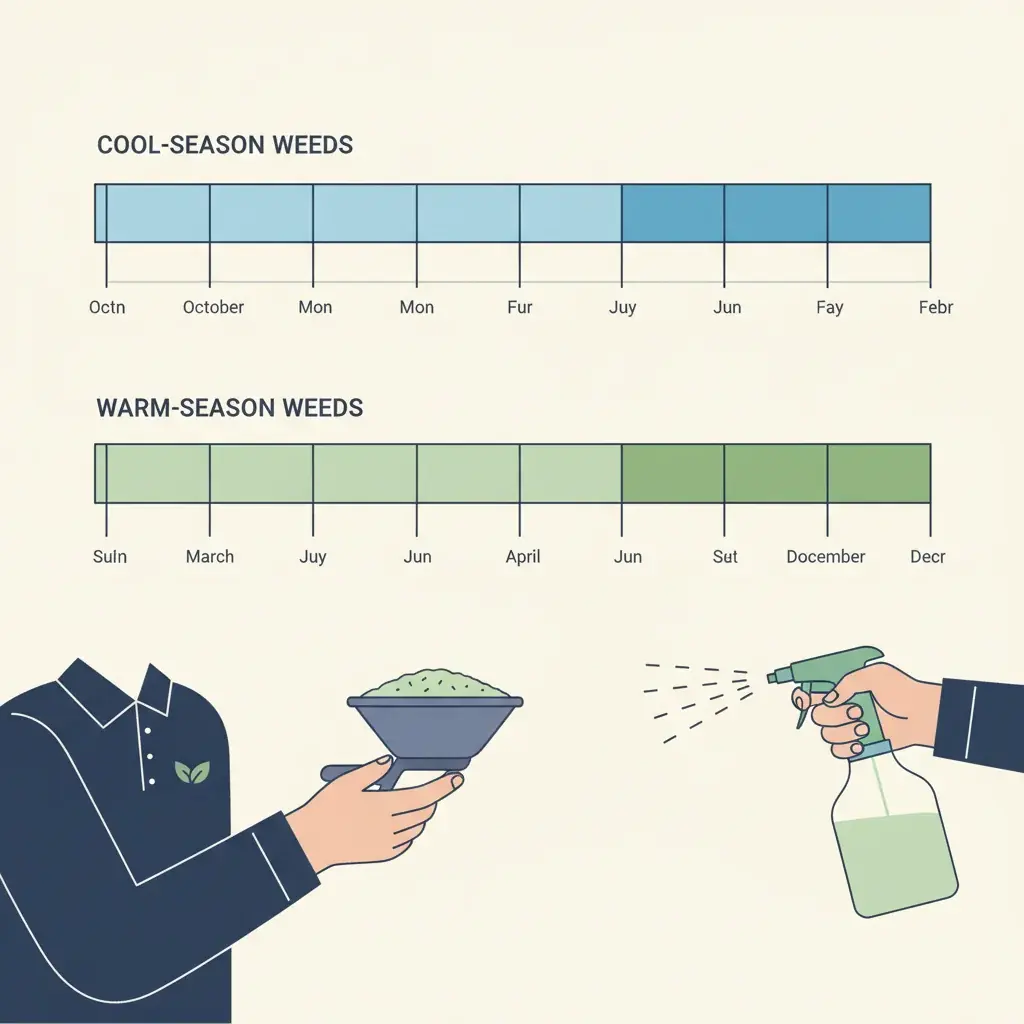 Calendar infographic showing San Diego pre-emergent application windows for cool-season and warm-season weeds