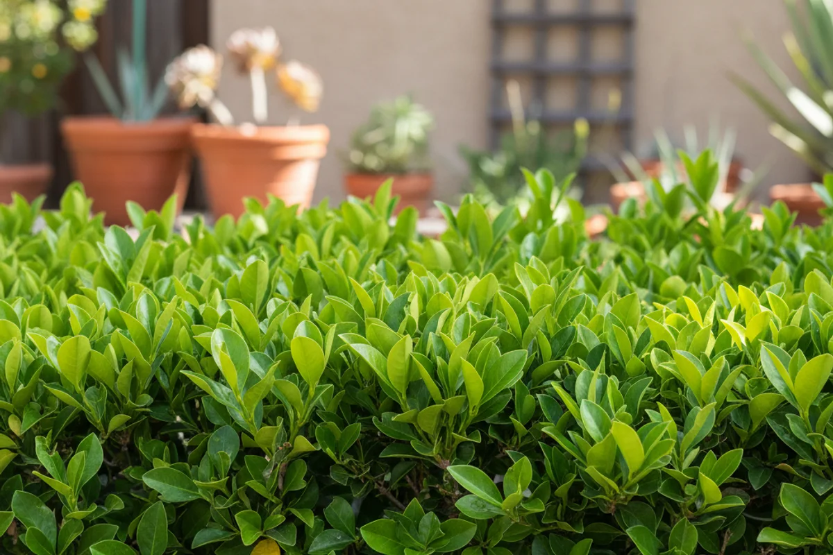 A lush, dense hedge of Shiny Xylosma with glossy green leaves.