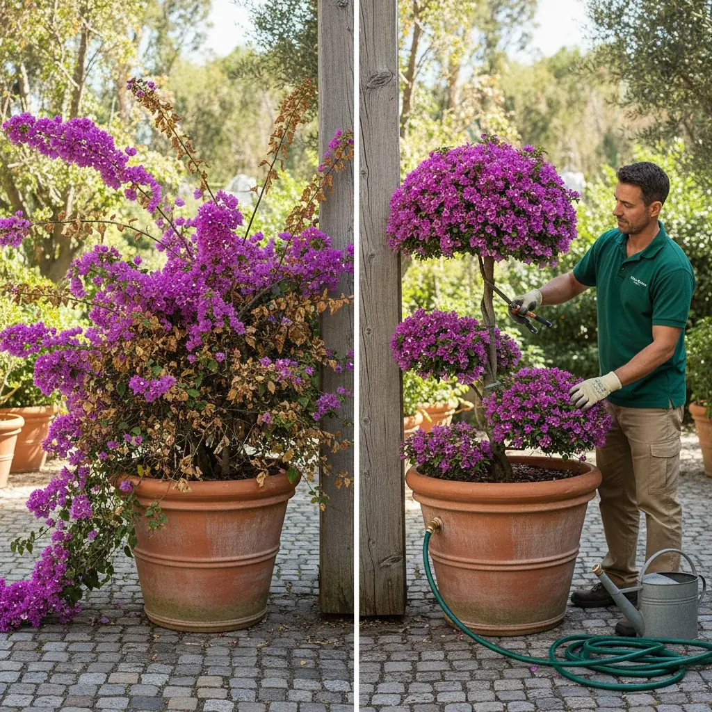 A landscaper in a sage-green polo shaping a flowering bougainvillea shrub in a San Diego garden
