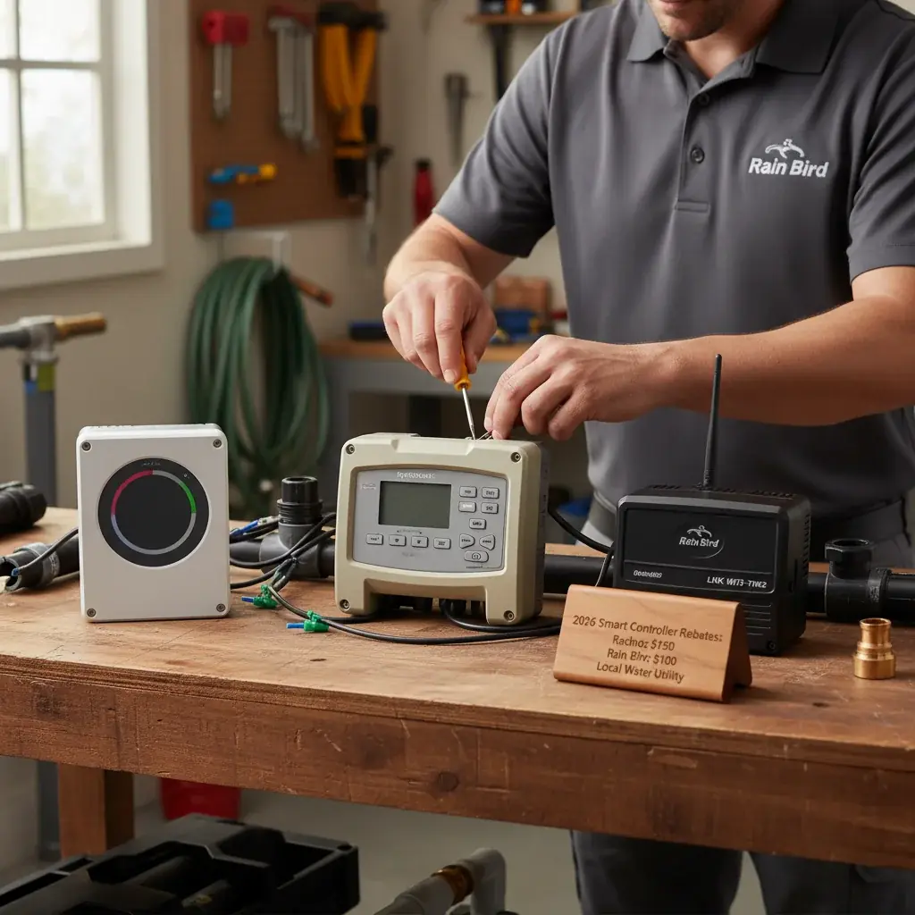 Rachio, Hydrawise, and Rain Bird smart controllers on a workbench with 2026 rebate amounts