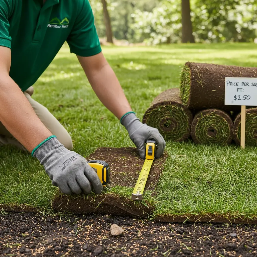 Three different sod rolls labeled Fescue, Bermuda, and St. Augustine with per-square-foot price ranges.