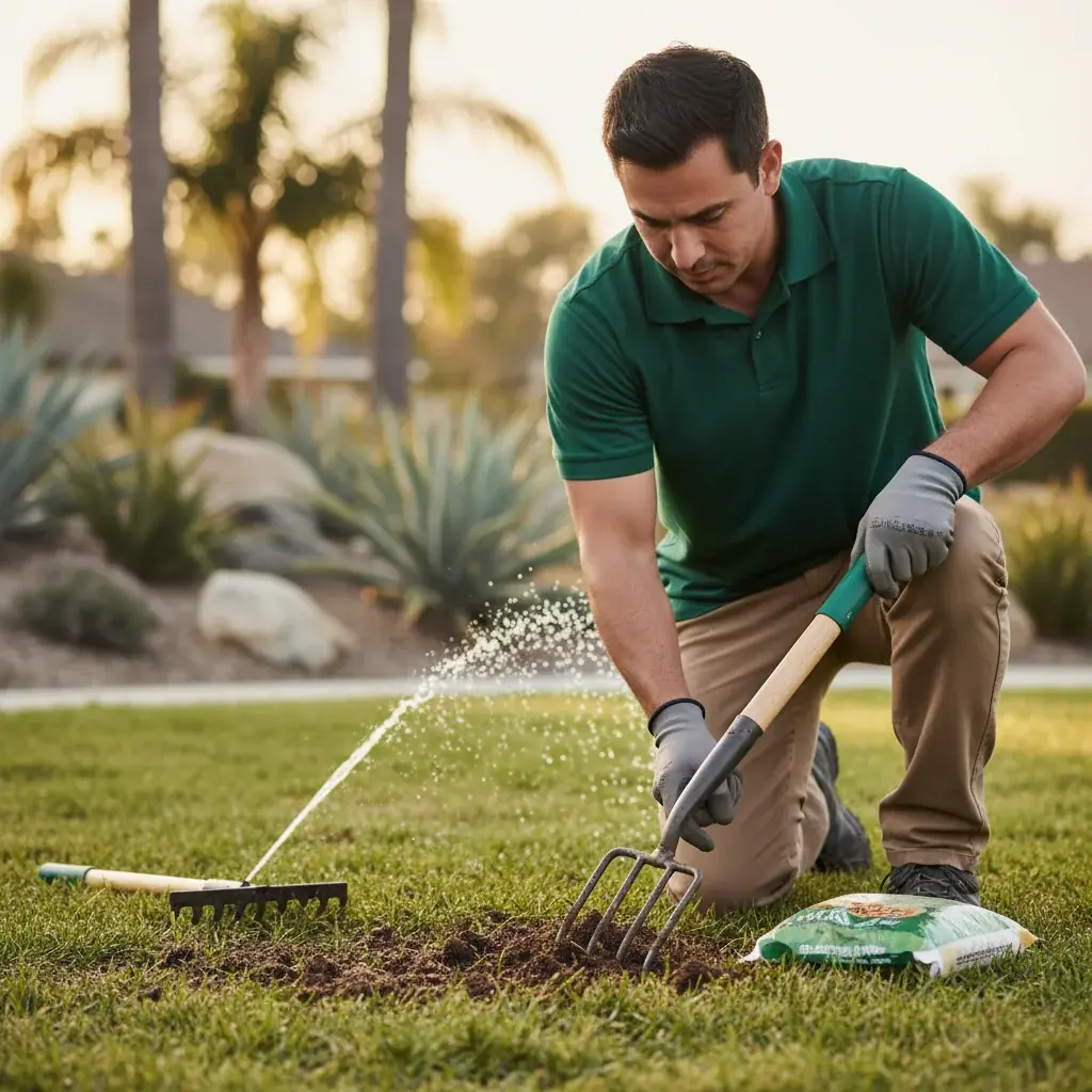 A landscaper dethatching a lawn with a rake and sprinkler running in the background, palm trees and a suburban Santee home nearby.