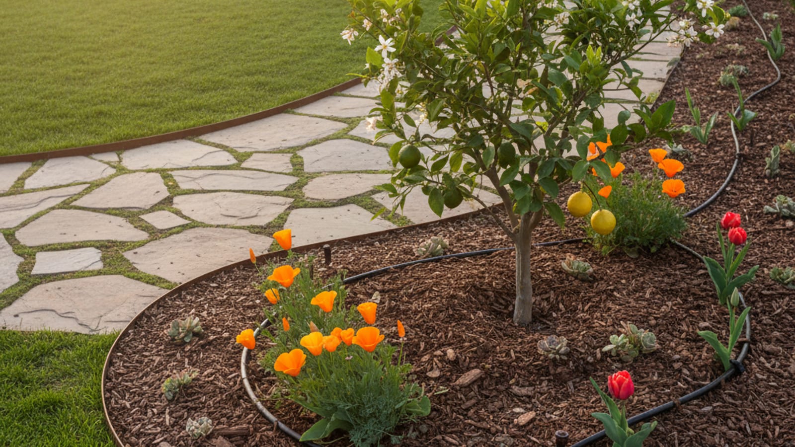 A San Diego front lawn in early spring with fresh bright green growth emerging and newly mulched beds along the walkway