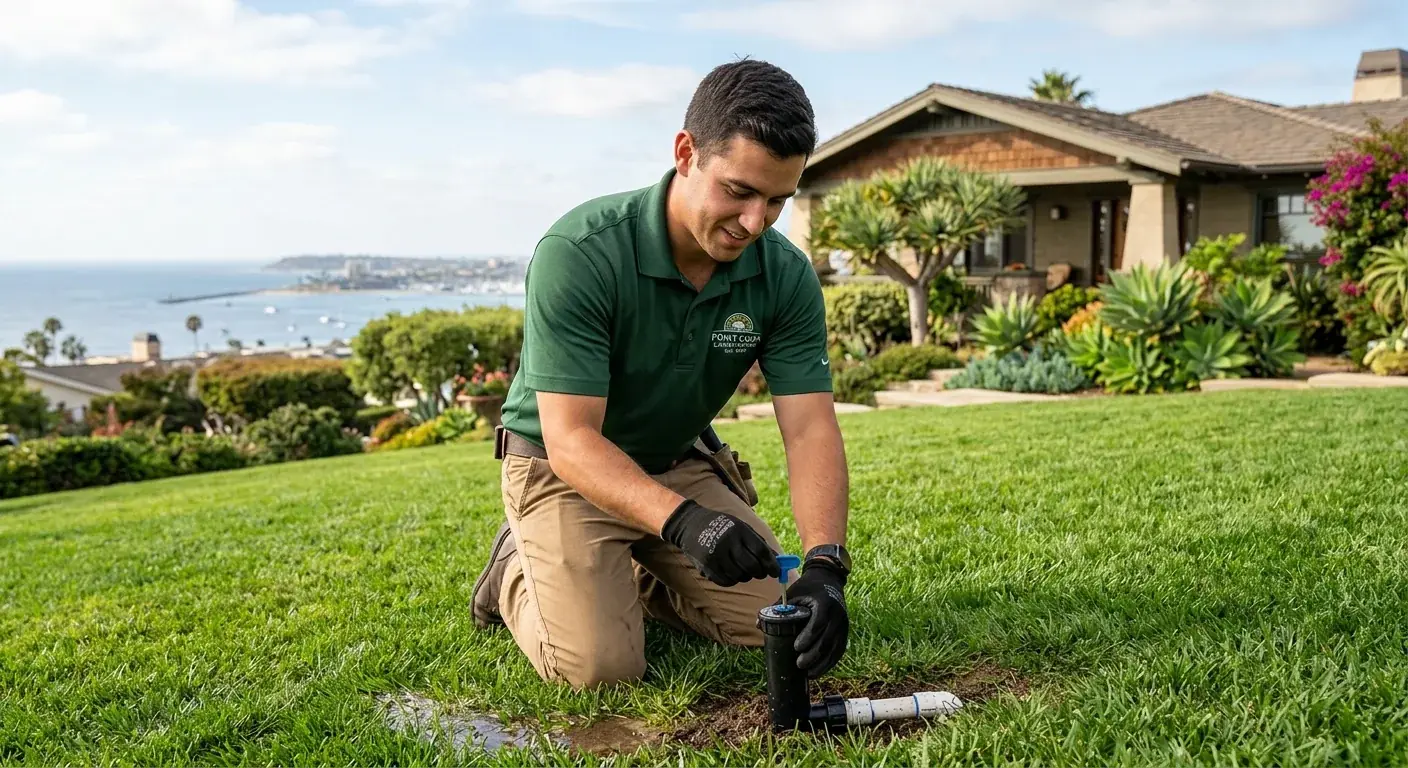 A landscaper examining a sprinkler head in a Point Loma yard with coastal homes visible in the background.
