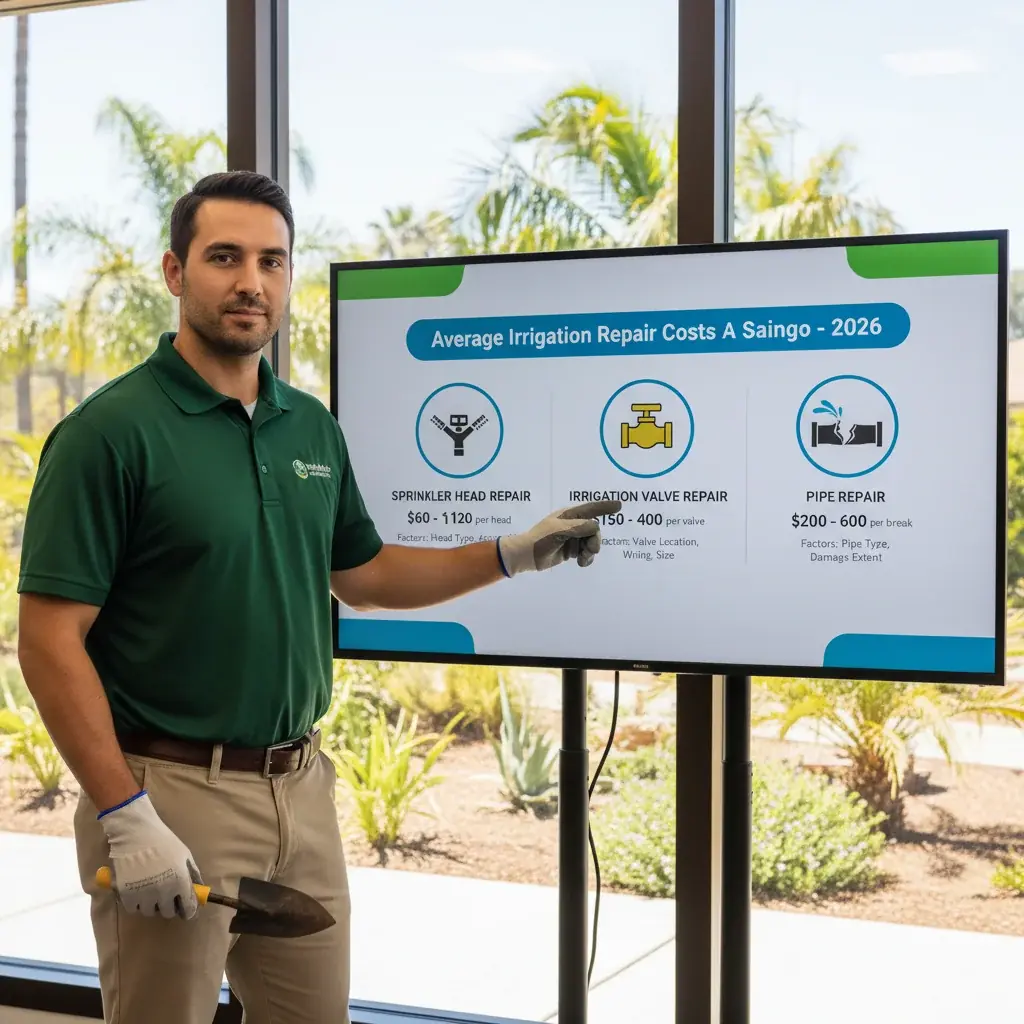 An infographic showing average irrigation repair costs for sprinkler heads, valves, and pipes in Point Loma, San Diego.