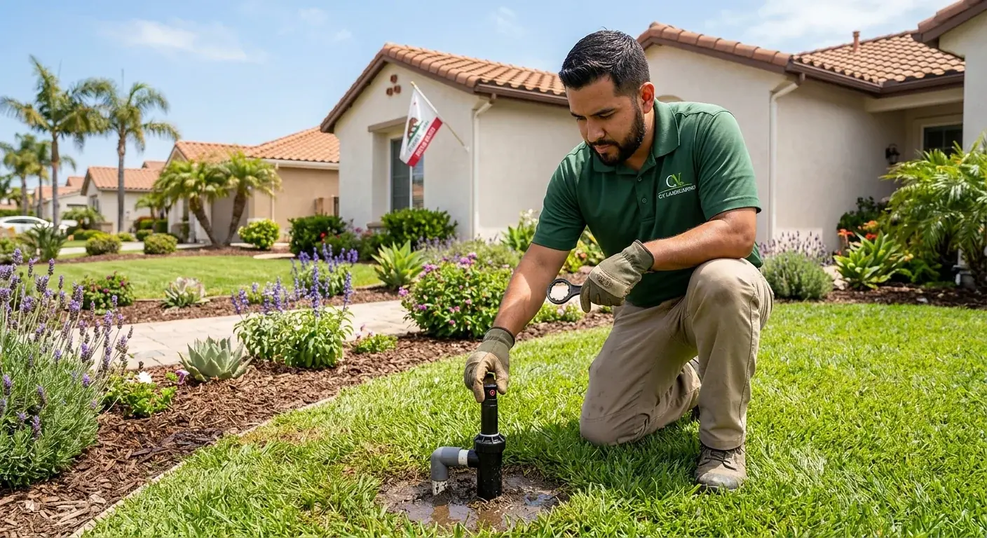 A landscaper adjusting a pop-up sprinkler head in a tidy Chula Vista front yard 
