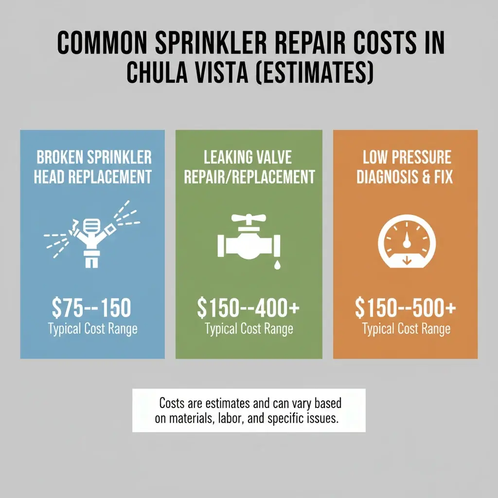 Infographic detailing common sprinkler repair costs in Chula Vista for broken heads, leaking valves, and low pressure diagnosis.