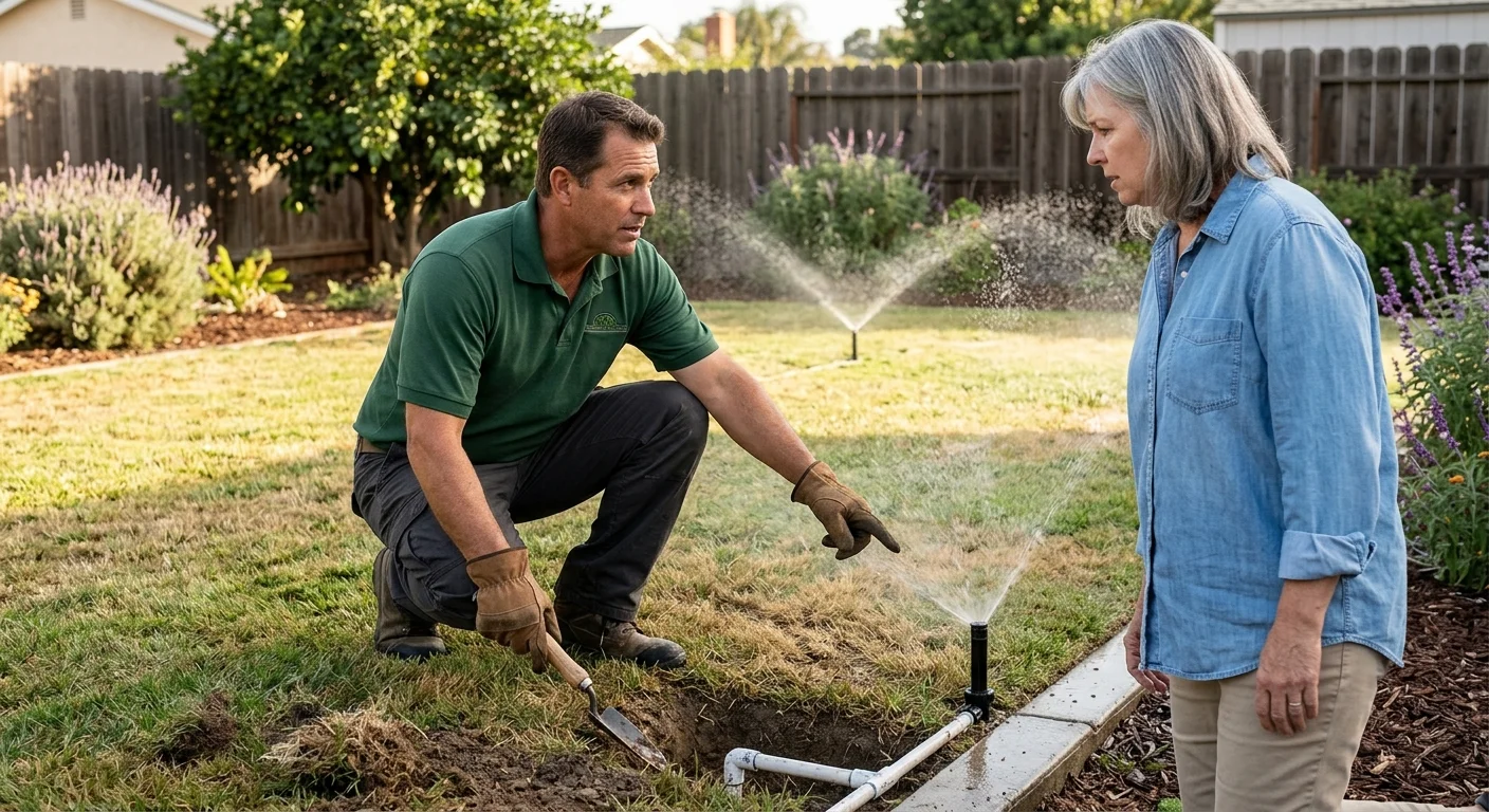 An independent irrigation contractor and homeowner checking uneven sprinkler coverage in an El Cajon yard