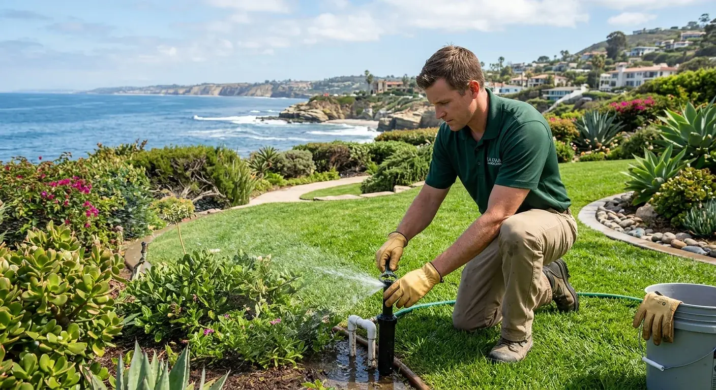 A clean, professional landscaper examining a sprinkler on a lush lawn with a view of the La Jolla coastline in the background.