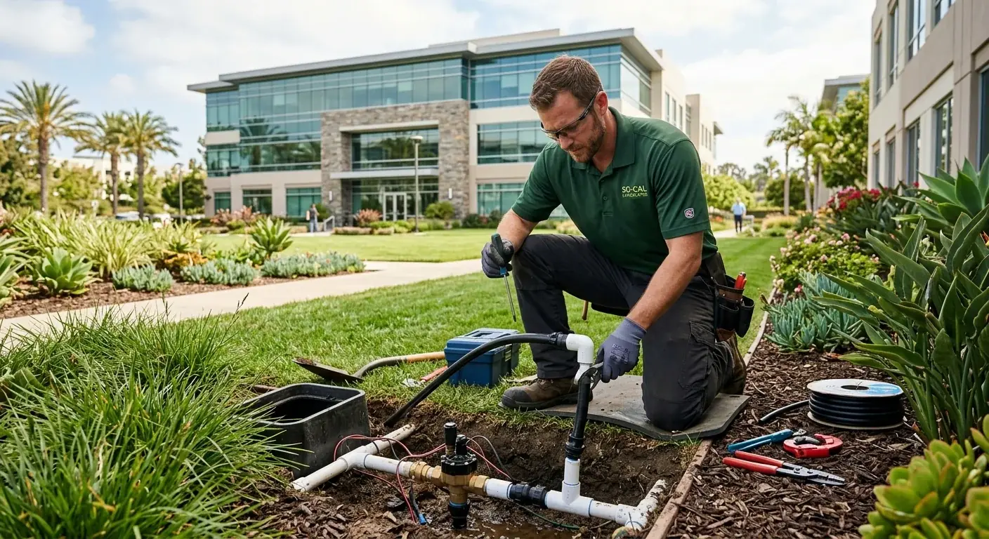 A professional landscaper working on a sprinkler system in the well-manicured landscape of a modern Sorrento Valley office building.