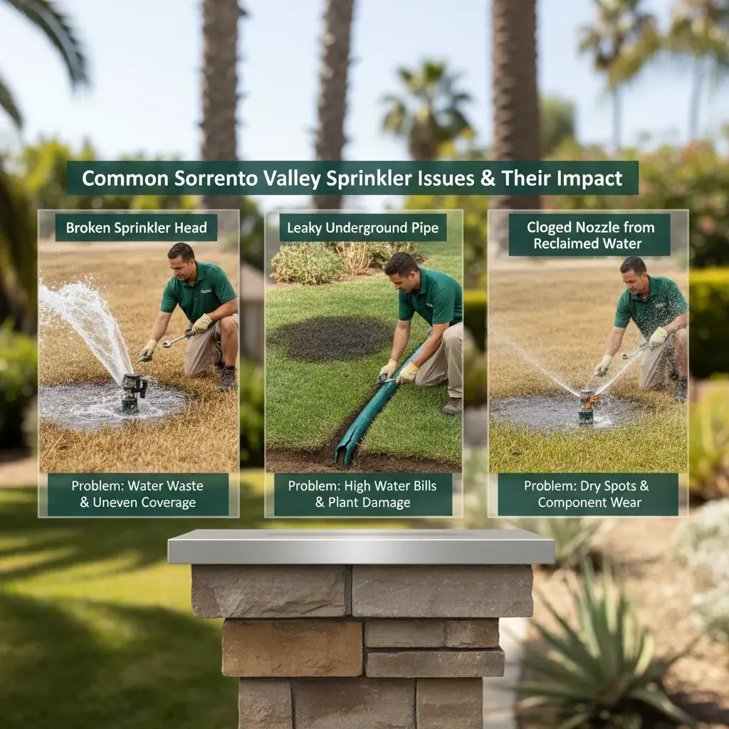 Infographic illustrating common sprinkler repair issues, their causes, and impact on water efficiency.