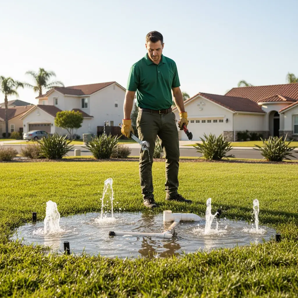 A homeowner standing on a wet patch of lawn with water bubbling up from underground, sprinkler heads visible, San Diego suburban backdrop
