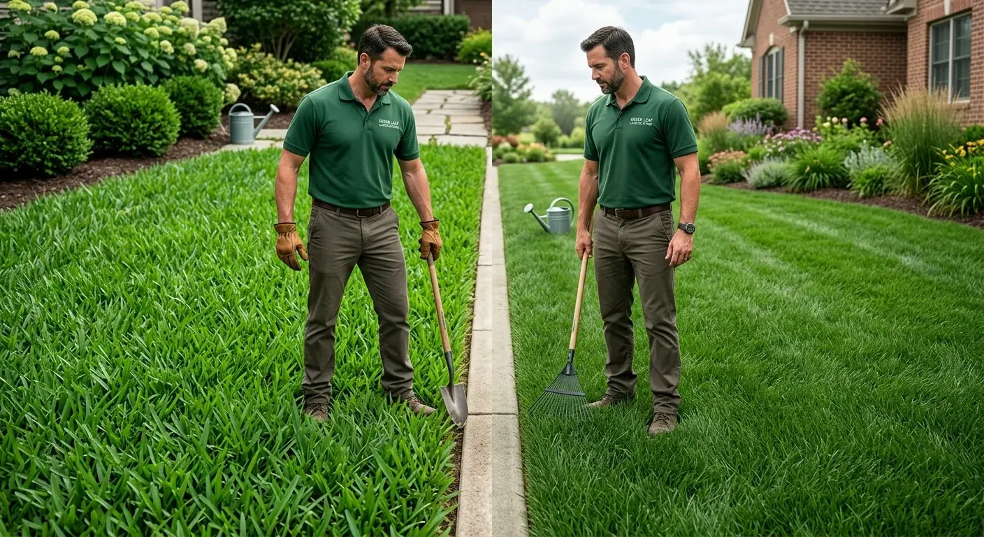 A split image showing a lush St. Augustine lawn on the left and a fine-bladed fescue lawn on the right, with a clear dividing line.
