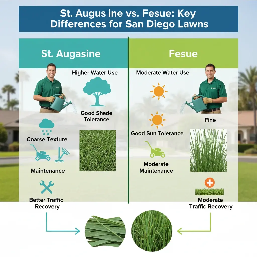 Infographic comparing St. Augustine and fescue grass on key metrics like water use, sun preference, and maintenance for San Diego.
