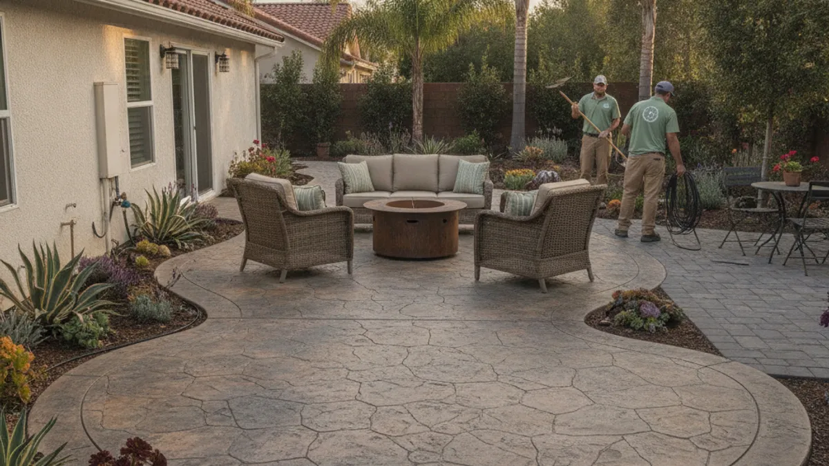 A finished stamped concrete patio textured to resemble flagstone in a San Diego backyard, with patio furniture and drought-tolerant border plantings.