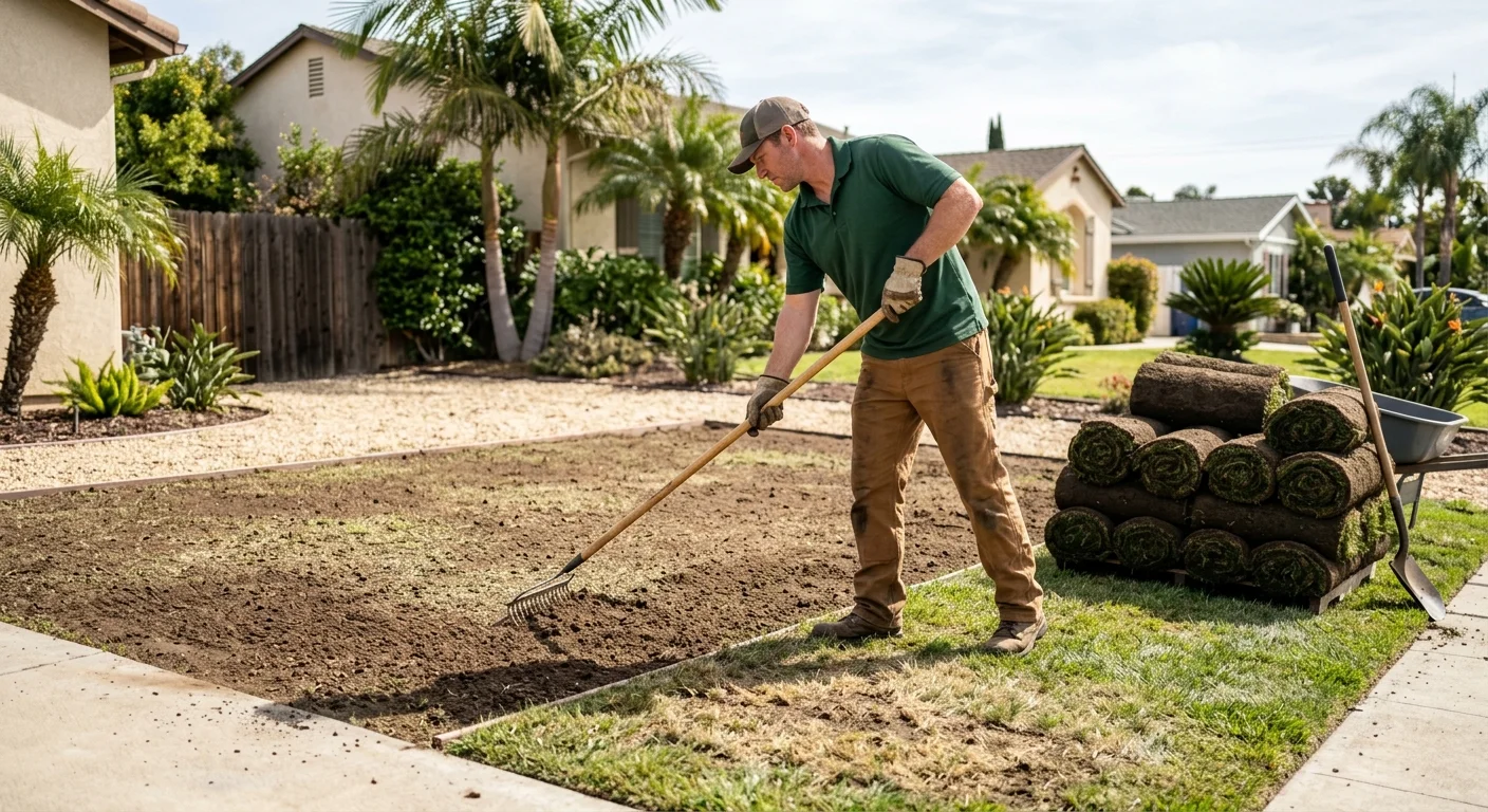 Thin San Diego lawn beside a prepared seed patch and stacked sod rolls