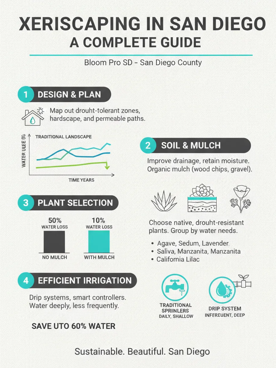 Infographic showing the seven principles of xeriscaping: planning, soil, plant zones, limited turf, efficient irrigation, mulch, and maintenance.