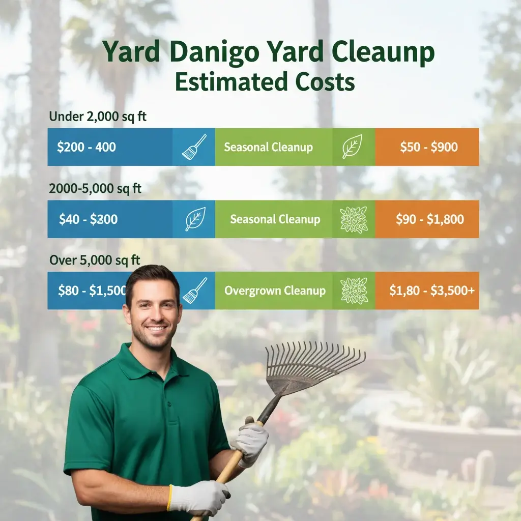 An infographic showing estimated yard cleanup costs in San Diego based on yard size and service type, including ranges for general, seasonal, and overgrown cleanups.