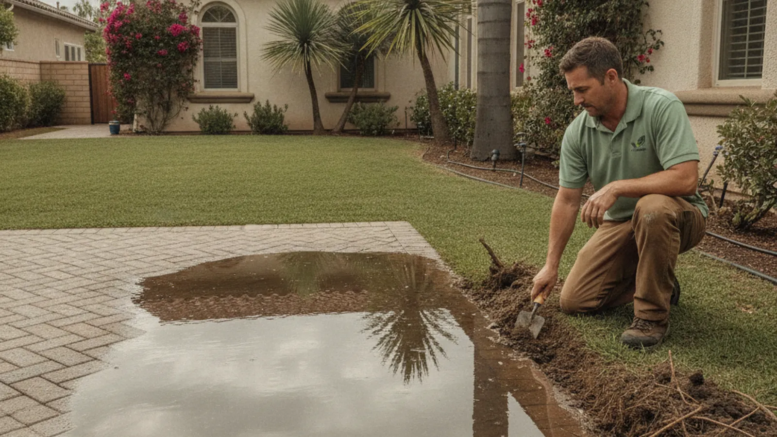 Standing water pooling on a San Diego lawn near a patio edge after rain, with a landscaper in a sage-green polo kneeling beside a partly dug drainage trench