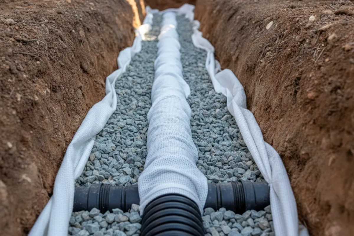 Close-up of a French drain trench in a San Diego yard showing perforated pipe wrapped in filter fabric bedded in gravel