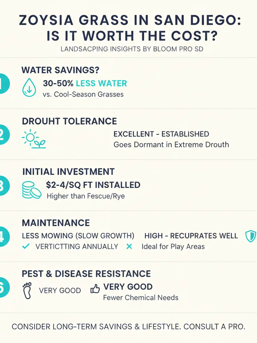 Infographic comparing zoysia grass to bermuda grass for San Diego lawns across water use, sun tolerance, traffic, texture, mowing, establishment speed, install cost, and winter color.