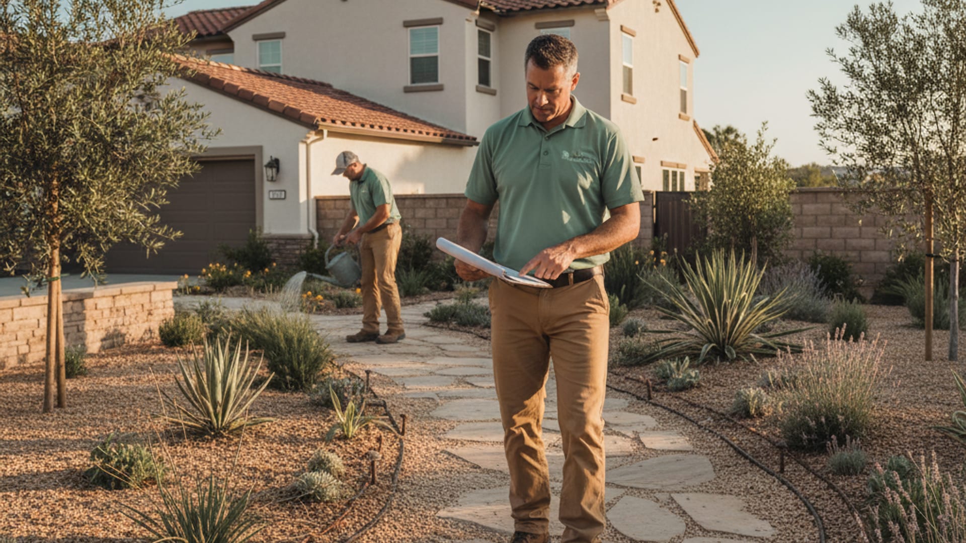 San Diego landscape crew in sage-green polos working on a drought-tolerant front yard in afternoon light
