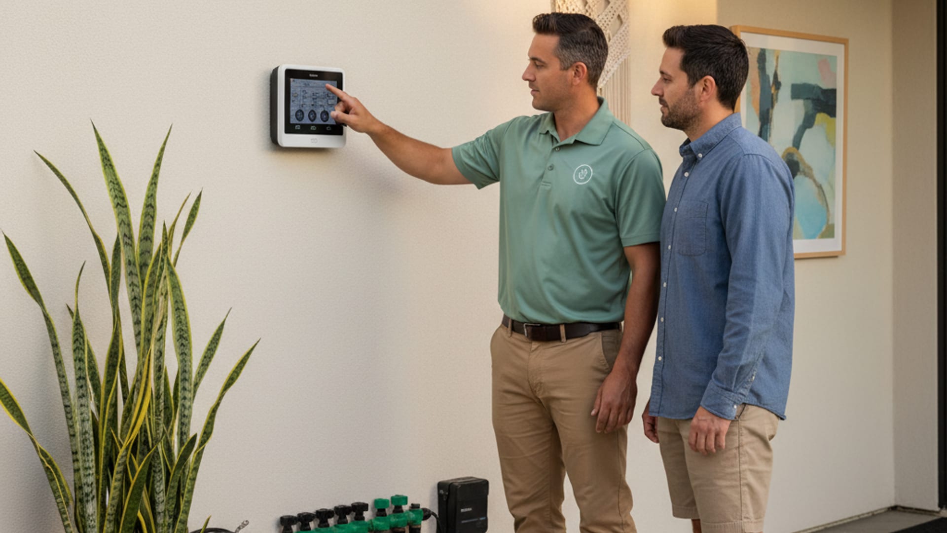Landscape crew lead showing a homeowner irrigation controller settings on a smart controller mounted in a garage