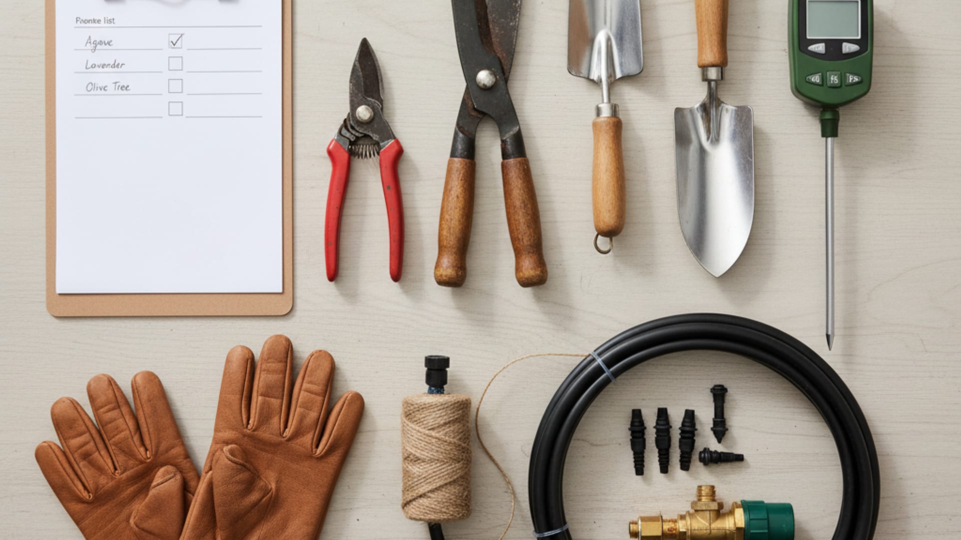 Overhead flat-lay of professional landscape tools including mower blades, hand pruners, shears, trowels, and irrigation parts on a clean work surface