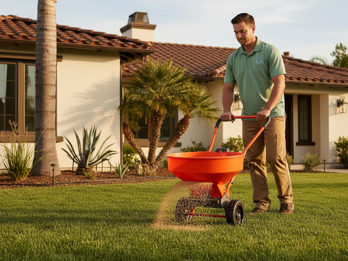 Landscaper broadcasting granular fertilizer on a green lawn with a push spreader