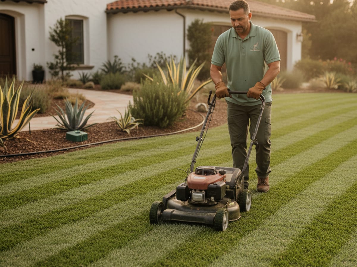 Landscaper mowing a green San Diego front lawn with a commercial walk-behind mower